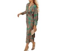 DSAoTeng Maxi abito da donna con scollo a V e maniche lunghe, increspato, elegante, casual, bohémien, chic, floreale, autunnale, aderente, per feste, Verde, M