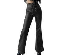 DSAoTeng Pantaloni da donna in pelle con lacci sul davanti, svasati, a vita alta, con fondo a campana, stile casual, vintage, in finta pelle PU, gamba dritta, Nero , L