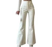 DSAoTeng Pantaloni da donna in pelle con lacci sul davanti, svasati, a vita alta, con fondo a campana, stile casual, vintage, in finta pelle PU, gamba dritta, bianco, S