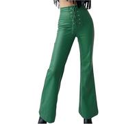DSAoTeng Pantaloni da donna in pelle con lacci sul davanti, svasati, a vita alta, con fondo a campana, stile casual, vintage, in finta pelle PU, gamba dritta, Verde, S