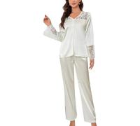 DSAoTeng Pigiama da donna in seta a maniche lunghe set pigiama a maniche lunghe in raso pizzo patchwork pigiameria set button down loungewear outfit, 1, M