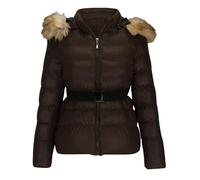 DSAoTeng Piumino da donna in tinta unita con pelliccia sintetica con cappuccio e tasca con cerniera e cintura, stile casual, caldo, trapuntato, invernale, capispalla, Marrone, XXL