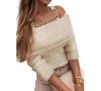 DSAoTeng Pullover a maniche lunghe da donna con spalle scoperte e spalle scoperte maglioni casual Y2K accogliente peloso scollo a barca tunica top autunno primavera, Albicocca, S