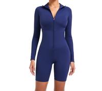 DSAoTeng Tuta da donna a maniche lunghe con cerniera e pantaloncini aderenti per controllo della pancia, snellente, monopezzo per fitness e sport, Marina Militare, M