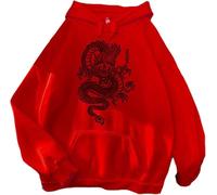DSAoTeng Uomo/Donna Cinese Etnico Drago Stampa Manica Lunga Felpa Con Cappuccio Pullover, Rosso, M