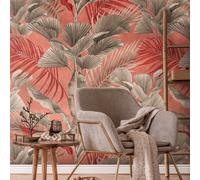 Dschungeltapete Con Tropicale Piante - Rosa, Rosso, Grigio