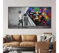 dsdsgog Graffiti Bambini Dietro la Tenda della Tela di Canapa Pittura Toro Animali Street Wall Art Poster Stampe Decor Picture for Living Room 60x120cm Senza Cornice