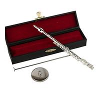 Dselvgvu - Flauto in miniatura in rame con supporto e custodia, mini strumento musicale in miniatura per casa delle bambole, modello mini flauto in oro (argento, 18 cm)