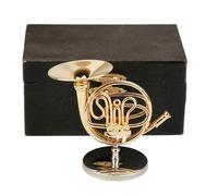 Dselvgvu in miniatura corno francese con stand e custodia in ottone mini strumento musical replica figurine Accessori per la casa delle bambole Acces