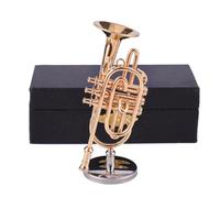 Dselvgvu Mini cornetta in miniatura con supporto e custodia, in ottone, riproduzione di mini strumenti musicali, statuette da collezione, modellino musicale, regalo di compleanno, decorazione per la
