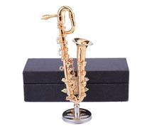 Dselvgvu Mini sassofono baritono in miniatura con supporto e custodia, in ottone, replica di statuette da collezione, regalo di compleanno, decorazione per la casa, ornamento da esposizione (10,8 x