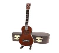 Dselvgvu - Ukulele in miniatura in legno con supporto e custodia, mini ukulele e mini strumento musicale da collezione in miniatura per casa delle bambole (14 x 4,5 x 1,7 cm, Ukulele: marrone)