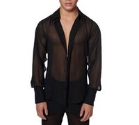 DSFGRTJ Camicia da uomo in rete trasparente con scollo a V e bottoni, manica lunga, discoteca, rave festival, Hawaii, maglietta trasparente(L)