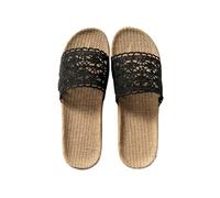 DSFIHJO Ciabatte Paglia Donna Ciabatte da donna in lino con lacci, sandali da casa in erba intrecciata, comode e leggere, fatte a mano(Black,35-36)