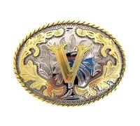 DSFIHJO Fibbia Cintura 2 pezzi Western 26 lettere iniziali ABC a Z Cowboys Rodeo Oro Argento Ovale Cowgirls Fibbia for cintura for uomo e donna(Color-V)