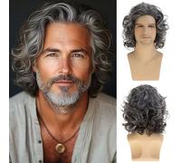 Dsimeig Parrucca corta da uomo, capelli ricci mossi misti grigi soffici per cosplay