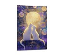 DSJXJZ Poster decorativo da parete su tela con gatti bianchi sotto il cielo stellato, decorazione moderna per la camera da letto (50 x 75 cm)