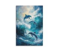 DSJXJZ Poster decorativo da parete su tela con vivaci delfini che saltano tra le onde dinamiche dell'oceano, decorazione moderna per la camera da letto, 30 x 45 cm