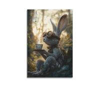 DSJXJZ Quadro decorativo da parete su tela con coniglio Steampunk che si gode una tazza di tè nella foresta, decorazione moderna per la camera da letto, 40 x 60 cm