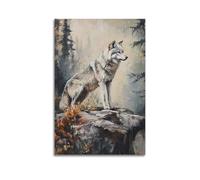 DSJXJZ Quadro decorativo da parete su tela con lupo grigio in piedi su un affioramento roccioso nella foresta, decorazione moderna per la camera da letto, 60 x 90 cm