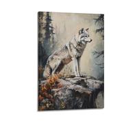 DSJXJZ Quadro decorativo da parete su tela con lupo grigio in piedi su un affioramento roccioso nella foresta, decorazione moderna per la camera da letto, 60 x 90 cm