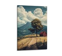 DSJXJZ Quadro decorativo su tela con paesaggio rurale sereno, albero solitario, casa rossa e sentiero sterrato, decorazione moderna per camera da letto, 60 x 90 cm