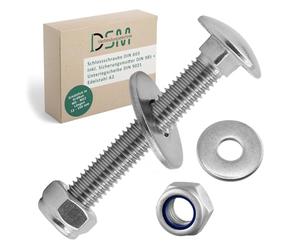 DSM - Viti a testa tonda M10 x 100 mm secondo DIN 603 - Dado di sicurezza M10 DIN 985 e rondella DIN 9021 - Acciaio inox A2/V2A - Viti a testa tonda piatta con attacco quadrato - Dadi di arresto - 2