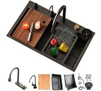 DSMRLEOP 75 x 50 cm, lavello da cucina, 1 bacino - multifunzionale lavello da cucina a cascata con rubinetto estraibile ad alta pressione, set completo di accessori per il posto di lavoro