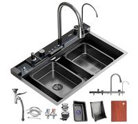 DSMRLEOP Lavello 85x50cm, Lavello da cucina multifunzionale nero, Lavello da cucina a 1 vasca in acciaio inox con accessori come cestelli di scarico, dispenser sapone, sifone, set troppopieno e