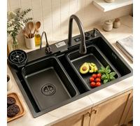 DSMRLEOP Lavello a cascata, Lavello Cucina 1 Vasca in Acciaio Inox, set lavello domestico, lavello multifunzionale, lavello nero-grigio con sifone e Set di Drenaggio, e vari accessor(Black#2A,75x50cm)
