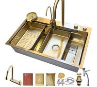DSMRLEOP Lavello da cucina, 1 bacino dorato, con rubinetto estraibile, lavabi in vetro e tutti gli accessori, lavello da cucina in acciaio inox, rettangolare, intelligente a cascata (75 x 50 cm)