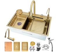 DSMRLEOP Lavello da cucina a cascata color oro, 80 x 45 cm, in acciaio inox nano con rubinetto allungabile dorato, set completo di accessori, stazione di lavoro multifunzione per cucine moderne