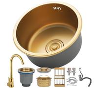 DSMRLEOP Lavello da cucina color oro, in acciaio inox, 32 x 32 cm, con rivestimento nano-rivestito, 1 vasca, da incasso o da incasso, con faucets dorati, sifone, set di scarico e di scarico, facile da