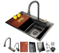 DSMRLEOP Lavello da cucina nero in acciaio inox, 80 x 50 cm, multifunzione con rubinetto a cascata estraibile, lavastoviglie ad alta pressione, sifone con cestello di scarico, troppopieno e scarico