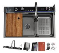 DSMRLEOP - Lavello da cucina stile rustico, 85 x 50 cm, design a cascata e finitura in acciaio inox nero, grande lavello singolo con rivestimento nano, con rubinetto estraibile all-in-one