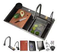 DSMRLEOP Nano lavello da cucina in acciaio inox, 85 x 45 cm, multifunzione a cascata, con rubinetto estraibile, ad alta pressione, tagliere, scolapiatti