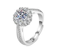 Dsnyu Anello da donna con zirconi, anello da matrimonio, a forma di fiore, a quattro punte, rotondo, con zirconi, 1 ct, colore argento, misura regolabile