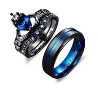 Dsnyu Anello di fidanzamento da donna, in acciaio inox, con zirconi Claddagh, colore nero, anello per partner I Love You GR.57 (18,1), Zirconia cubica