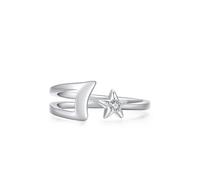 Dsnyu Anello in oro 375 da donna, promessa aperto, design a stella e luna, con diamanti solitari rotondi da laboratorio in oro bianco 9 carati, 65 (20.7), Platino, diamante da laboratorio