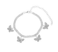 Dsnyu Cavigliera da donna a forma di farfalla, argento/oro, catena tennis a doppia fila con ciondolo a forma di farfalla, gioielli per i piedi, idea regalo per gli amici, 8.46+3.94inch, rame, Zirconie