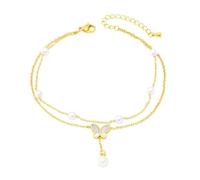 Dsnyu Cavigliera da donna dorata, con perle, doppia catena con perle e farfalla, in acciaio al titanio, gioiello