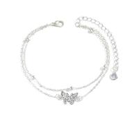 Dsnyu Cavigliera da donna in argento, doppia catena con zirconi, a forma di farfalla, gioiello