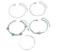 Dsnyu Cavigliera da donna, stile boho, con catena multistrato blu bianca e argento con stella marina e tartaruga, accessori alla moda