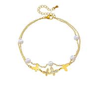 Dsnyu Cavigliera in acciaio inossidabile, doppia catena con perla e farfalla, accessori per piedi da donna, per vacanze e spiaggia