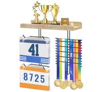 DSVENROLY Supporto per medaglie con organizzatore trofeo, stabile espositore in legno con ganci per numeri di partenza, supporto da parete per gli appassionati di sport, stile legno