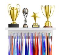 DSVENROLY Supporto per Medaglie e Trofei, Organizzatore con Mensola, Robusto Appendiabiti in Legno per Premi da Gara con 25 Ganci in Acciaio, Supporto a Parete per Amanti dello Sport, Festeggia il