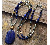 DSZUJTYROP Bohemian Women Lariat Strand Necklace Random Semiprecious Stone Lapis Pendant Necklace Boho Jewelry