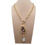 DSZUJTYROP Freshwater Multi Color Pearl 17x23mm White Baroque Pearl Pendant 26x50mm Gold Plated Chain Necklaces