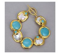 DSZUJTYROP Gioielli Naturali Coltivati Barocchi Moneta Perla Color Oro Placcato Blu Turchesi Collana Bracciale Orecchini Set for Le Donne(Bracelet)