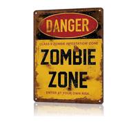 DSZUJTYROP Vintage Zombie Zone Sign Danger Warning Humorous Tin Wall-Art for Basement Garage Haunted House Style (8 X 12 in)